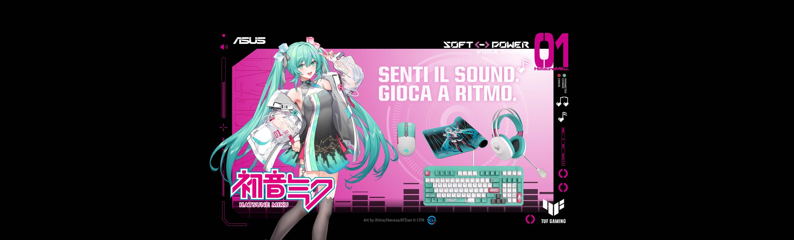 L'immagine mostra il kit TUF Gaming composto di mouse, tappetino, tastiera e cuffie con la personalizzazione Hatsune Miku