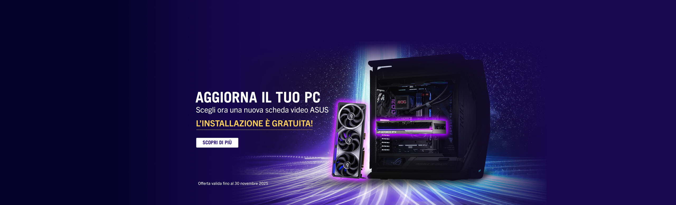 L'immagine riporta un PC da gaming aperto su un lato con evidenziata al suo interno una scheda video illuminata. Davanti un'altra scheda video gaming ASUS ROG Astral anch'essa illuminata e sullo sfondo un immagine dello spazio con fasci di luce colorati.