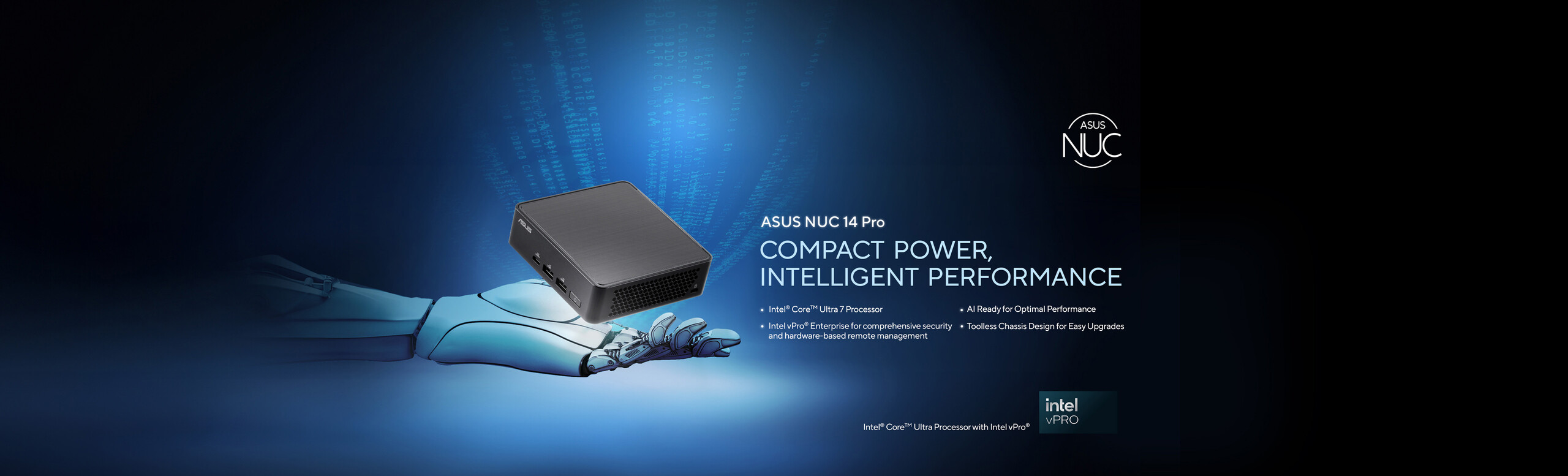 L'immagine mostra una mano robotica che sorregge un ASUS NUC 14 Pro  con sullo sfondo una rappresentazione di codice di programmaizone