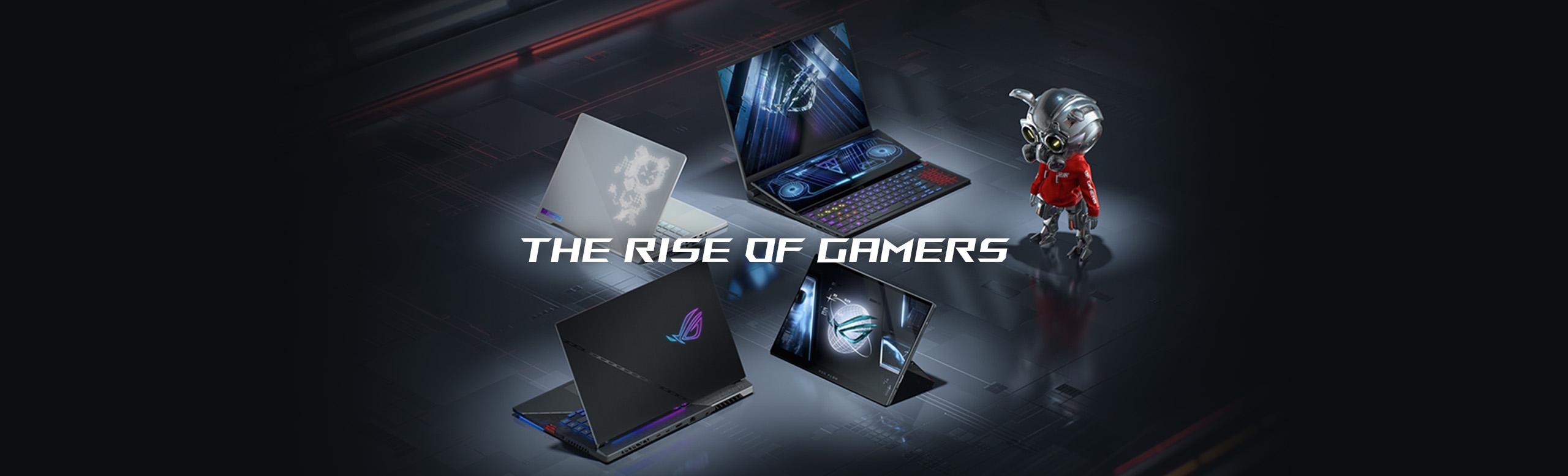 Modele diferite de laptopuri ROG, Flow, Scar, Zephyrus si Zephyrus DUO asezate pe o suprafata metalica iar in dreapta imaginii este personajul ROG Omni. Sloganul este THE RISE OF GAMERS