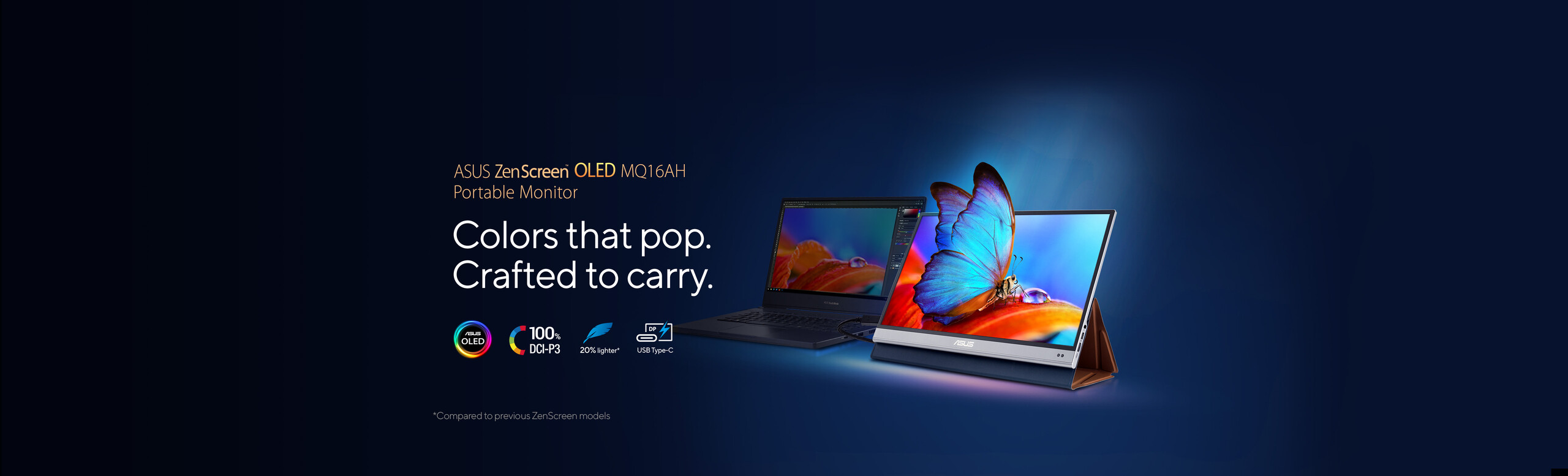 ASUS ZenScreen OLED MQ16AH afiseaza pe ecran o imagine vibranta, iar un fluture iese din ecran. Acesta este conectat la un laptop unde se face editare foto.