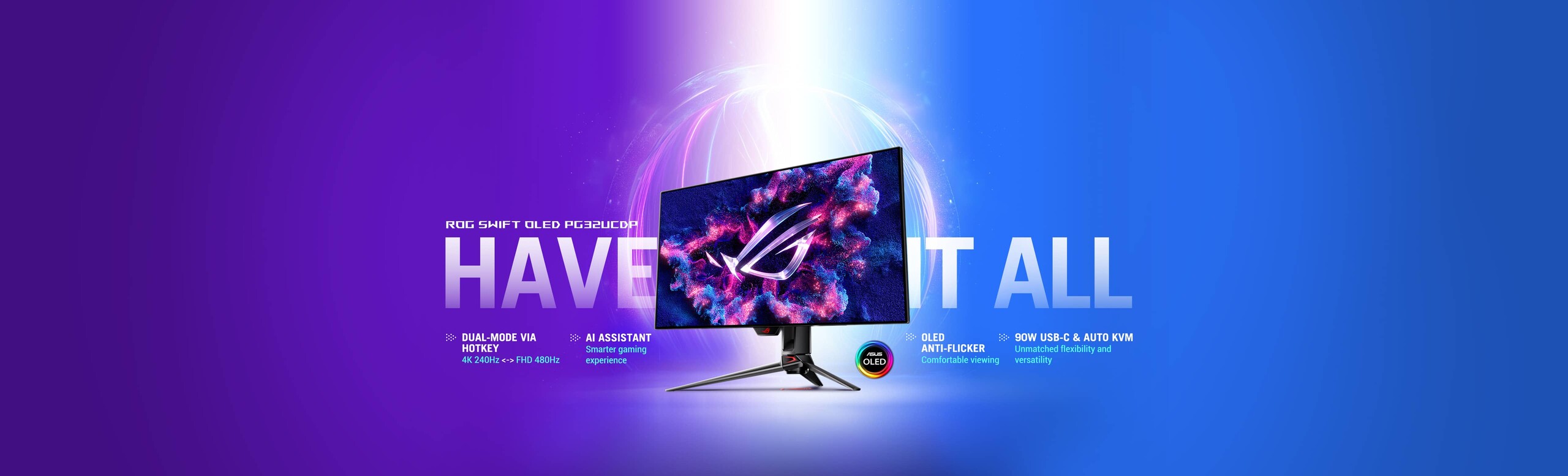Monitorul ROG Swift OLED PG32UCDP cu sigla OLED afișată pe un fundal violet și albastru.