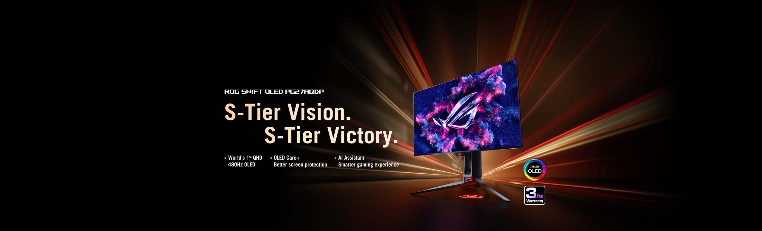 Monitorul ROG Swift OLED PG27AQDP se află în fața fasciculului de lumină roșie alaturi de un slogat si de caracteristici cheie - primul monitor OLED 480HZ din lume, OLED Care+ si AI Assistant.