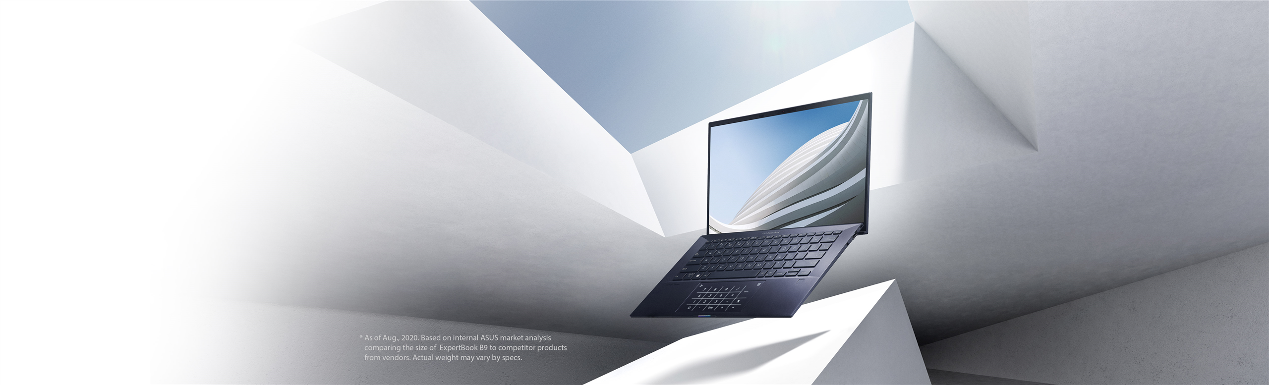 ExpertBook B9 B9400 deschis, in aer, orientat spre stanga, ingradit de structura arhitecturala geometrica