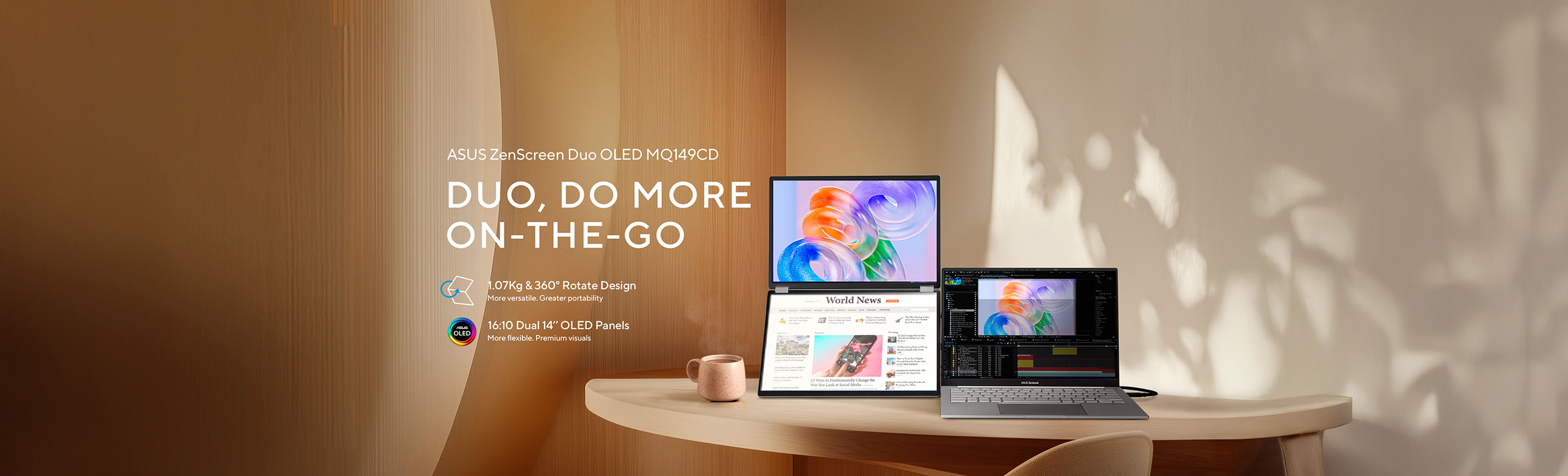 Product scene of an ASUS ZenScreen Duo OLED MQ149CD portable dual‑screen monitor (one screen vertical, one horizontal) beside a laptop on a curved wooden desk, with warm sunlight casting leafy shadows and the headline “DUO, DO MORE ON‑THE‑GO”; icons note its 1.07 kg 360°‑rotate design and 16:10 dual 14‑inch OLED panels