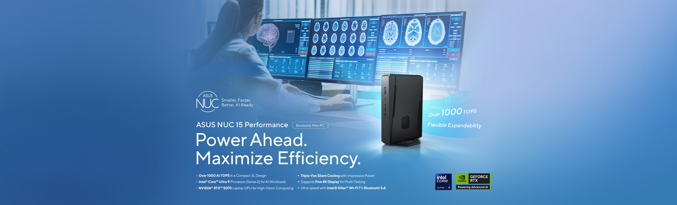 A woman uses the NUC 15 Performance barebone mini PC to efficiently analyze ultrasound images across multiple monitors.