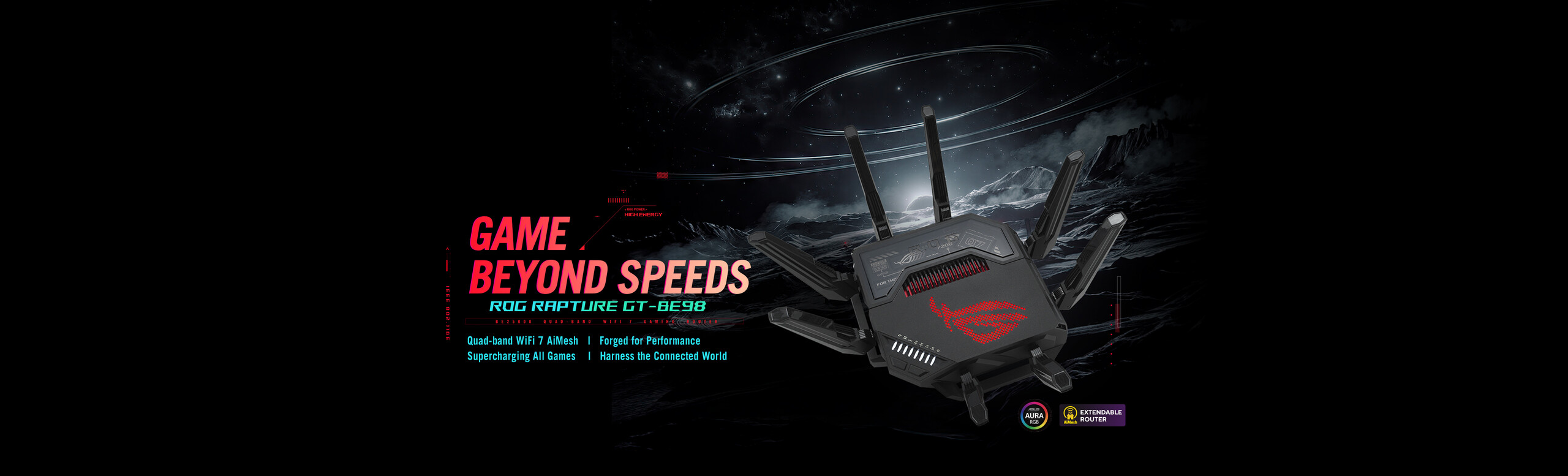 ROG Rapture GT-BE98 gaming router on a dark sci-fi background with circular ripples. Bold red text on the left reads “GAME BEYOND SPEEDS.