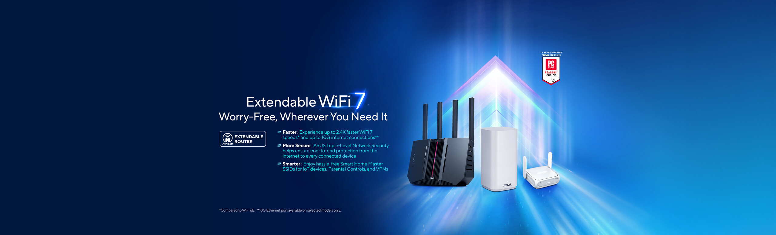 ASUS Extendable WiFi 7 routers provide a faster, more secure, and smarter home network, while AiMesh seamlessly extends to cover the whole home.