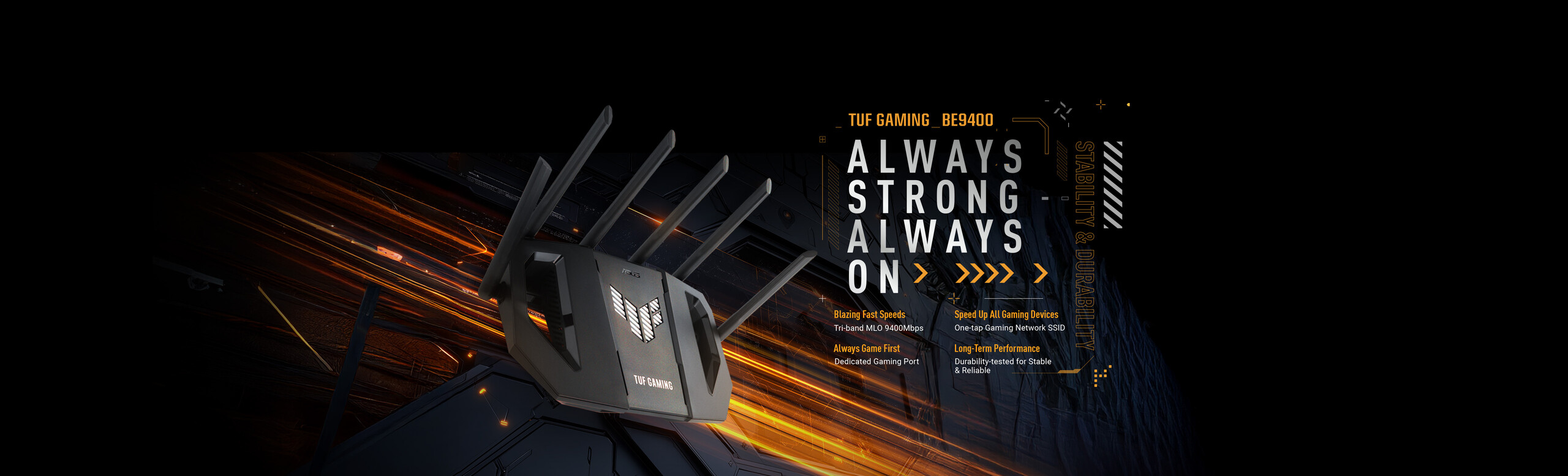 TUF Gaming BE9400 router displayed with motion lines in the background, emphasizing high speed and power.