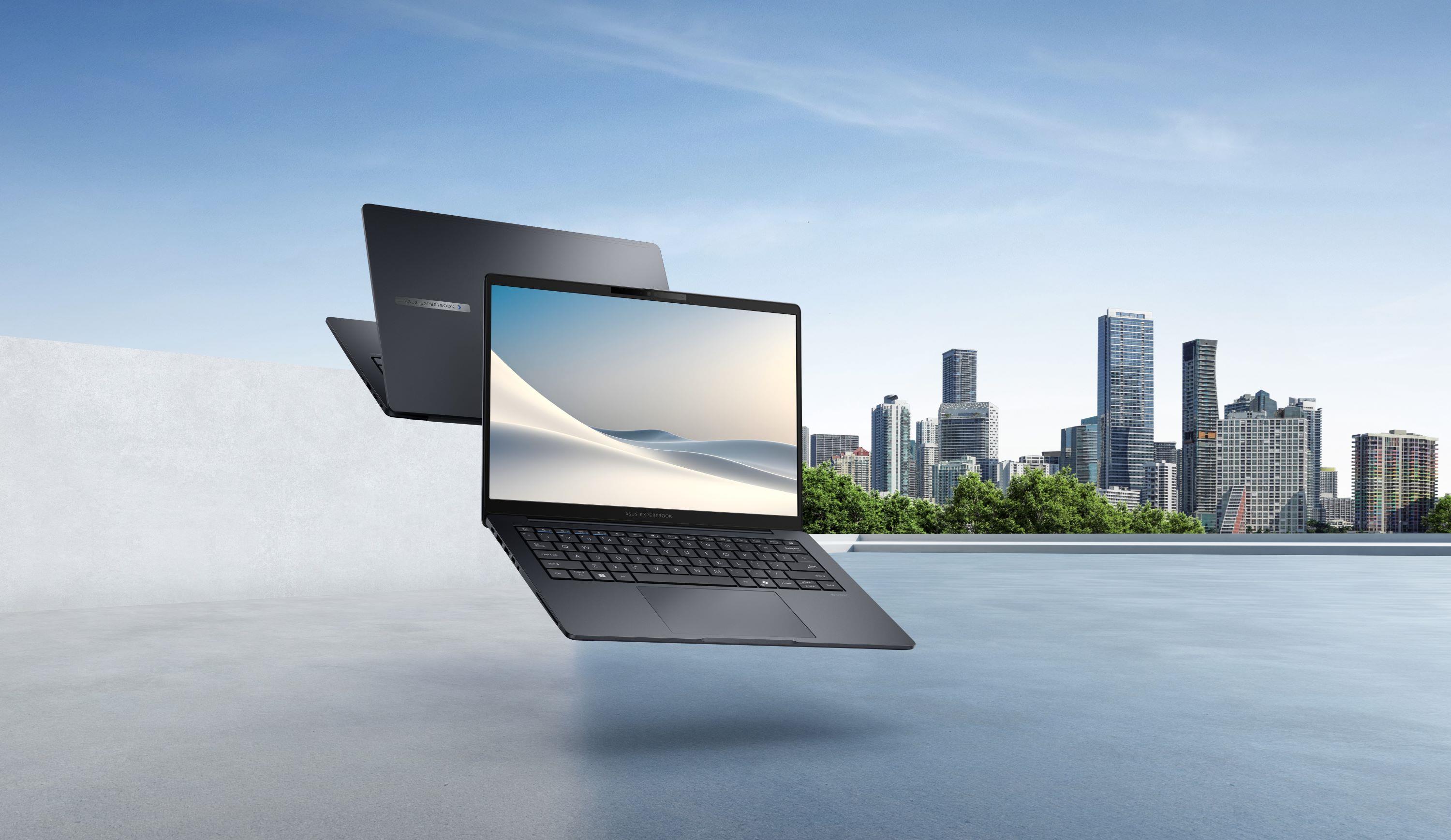 ASUS B5405 Laptop imposed over a cityscape
