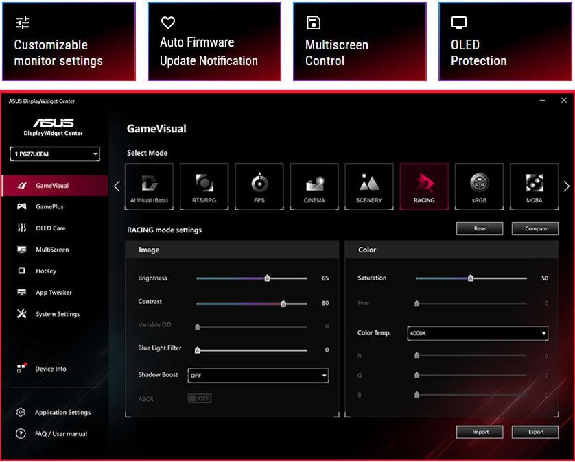 ASUS DisplayWidget Center interface with customizable monitor settings. Features include GameVisual modes, with adjustable brightness and color.