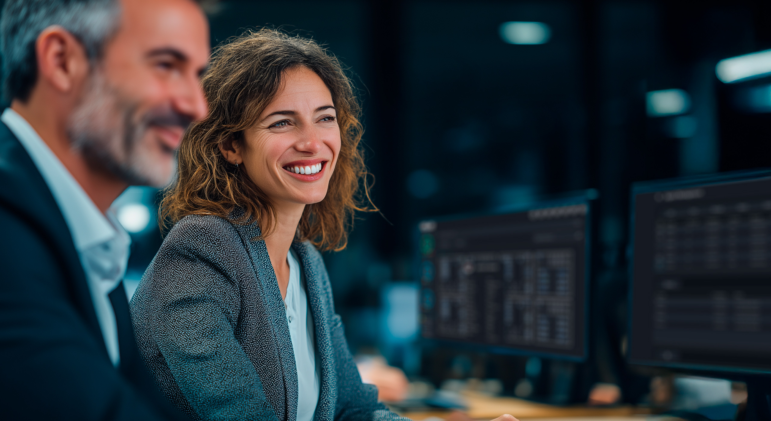 A man in a suit and a woman with wavy, light brown hair wearing a business jacket and white shirt are seated together at a desk in a modern office setting. Computer monitors are visible in the background, alongside promotional text for ASUS Corporate Stable Model (CSM) Motherboard and a circular badge stating 'Up to 36-month Stable Supply.' The ASUS logo and the slogan 'In Search of Incredible' appear in the lower corner.