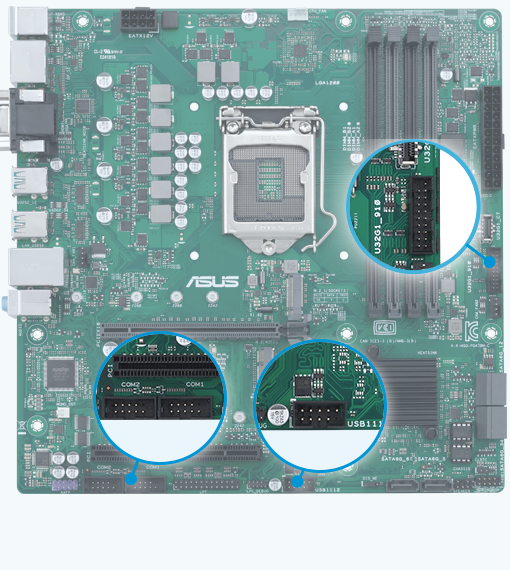 ASUS Pro B560M-CT/CSM box headers and fixed-position connectors design highlight