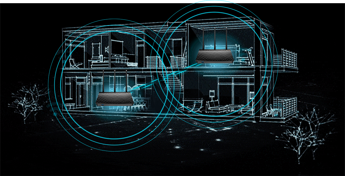 AiMesh AC1900 WiFi System provides whole home coverage by connecting two routers together to form a mesh WiFi System.